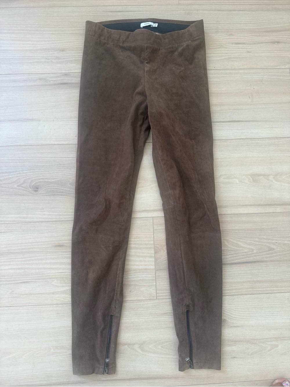 Vince Brown Suede-Look Leggings with Ankle Zips